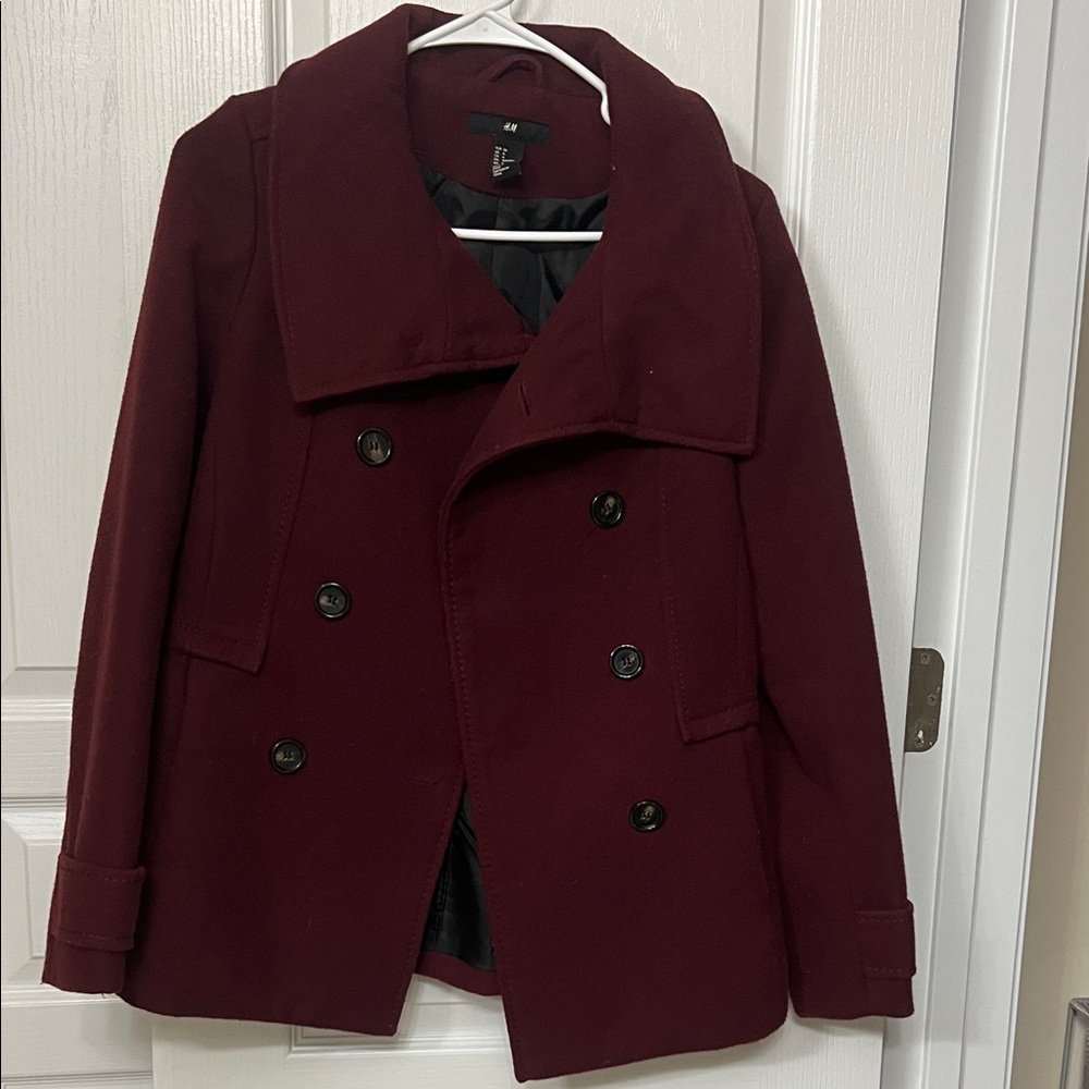 H&M double breasted burgandy peacoat - Picture 2 of 5